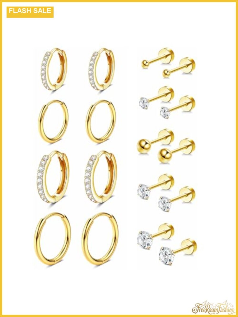 14K Gold Plated Hypoallergenic Earring Stack Set Huggie Hoops Flat Back Studs